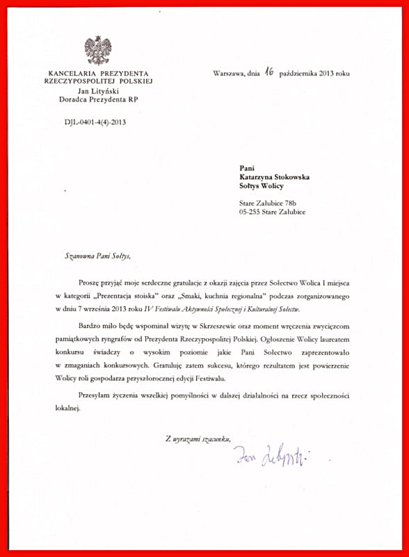 Gratulacje z Kancelarii Prezydenta RP